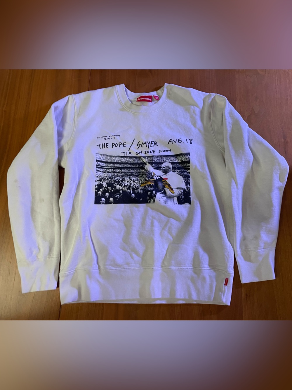 Supreme White Crewneck Sweatshirt with Black Photo Graphic